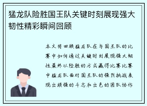 猛龙队险胜国王队关键时刻展现强大韧性精彩瞬间回顾