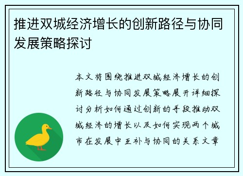 推进双城经济增长的创新路径与协同发展策略探讨